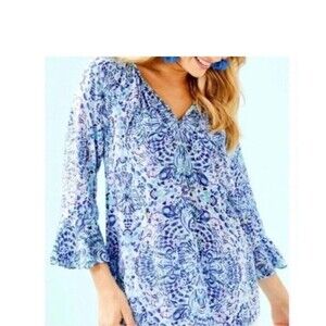 Lilly Pulitzer Willa Blouse Blue Rayon Floral Print V Neck Tunic Top Size Small
